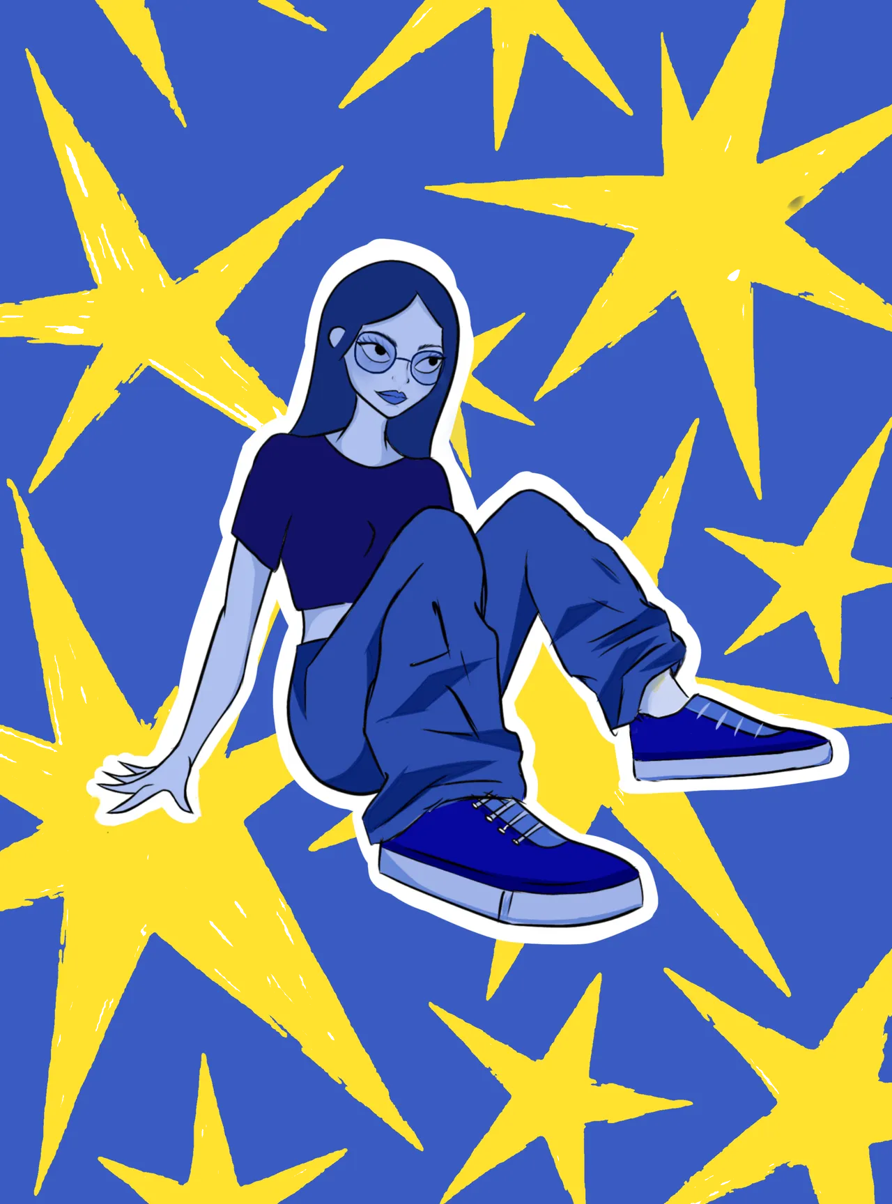 Ilustración de una chica sentada sobre un fondo azul con estrellas amarillas